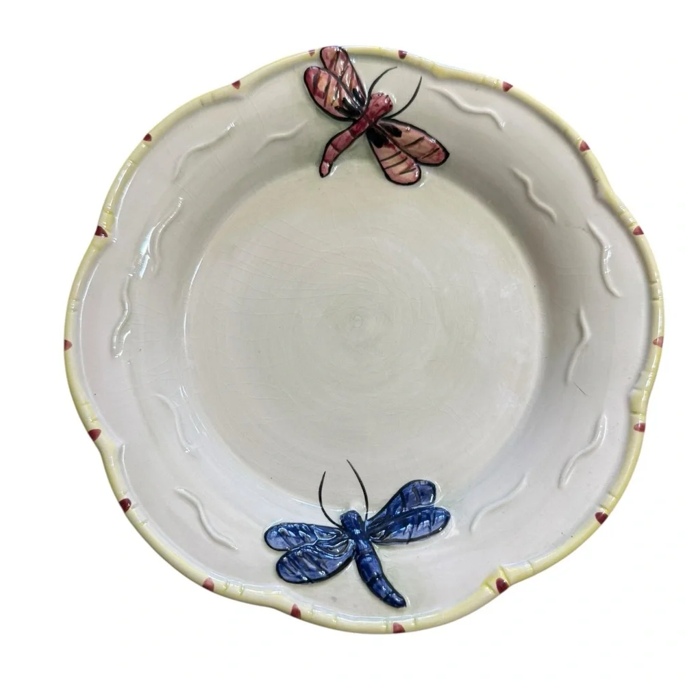 Frutuoso and Frutuoso Dragonfly‎ Majolica Salad Plates set of 2 Vintage Portugal